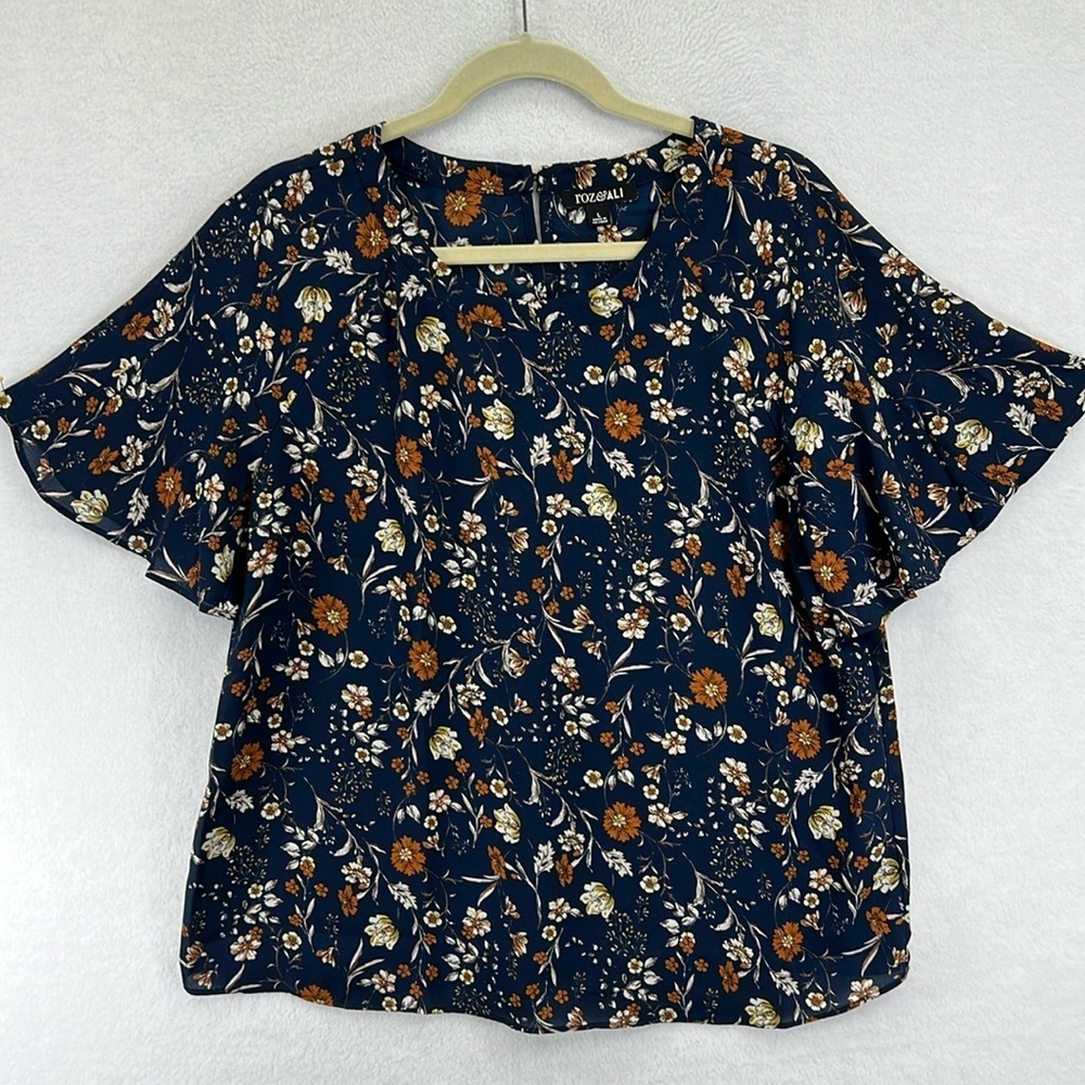 Roz & Ali Women’s Blouse Top Size L Blue/White/Rust Polyester Flutter Sleeves